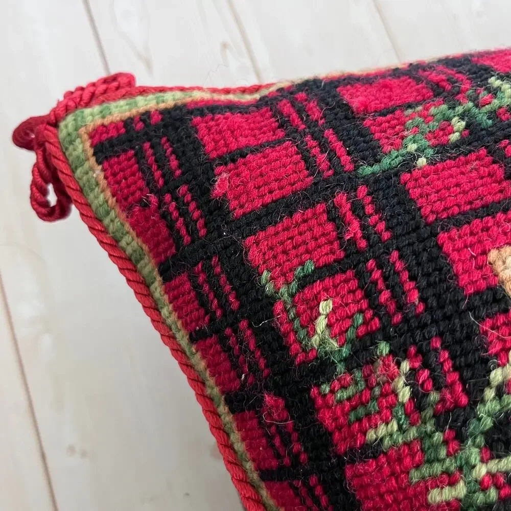 Rustic Pine and Plaid Needlepoint Pillow Braided Trim with Bows Velvety Back